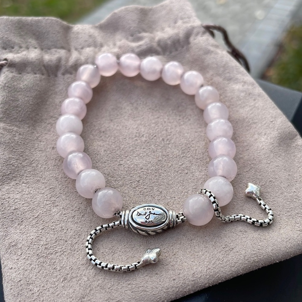 David Yurman Pink Rose Quartz Beaded Bracelet with Sterling Accents
